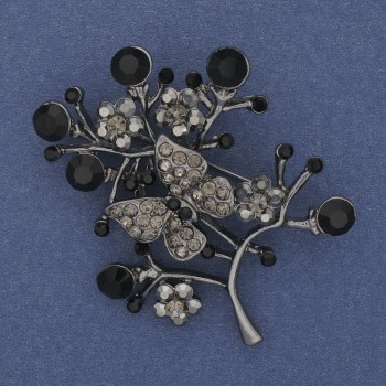 Brooch A Branch with a Butterfly, grey and black rhinestones, silver metal 54x40mm+
