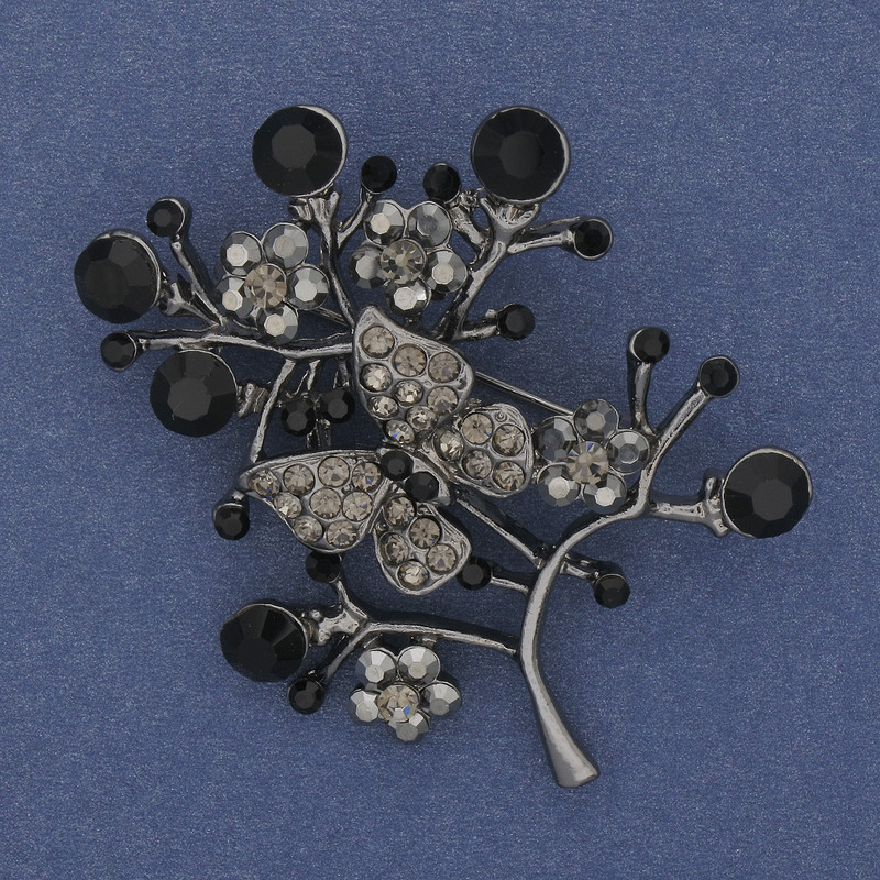 Brooch A Branch with a Butterfly, grey and black rhinestones, silver metal 54x40mm+