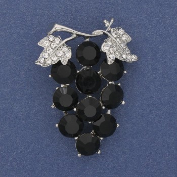 Brooch 'Grapes' with white and black rhinestones on silver metal 50x40mm+