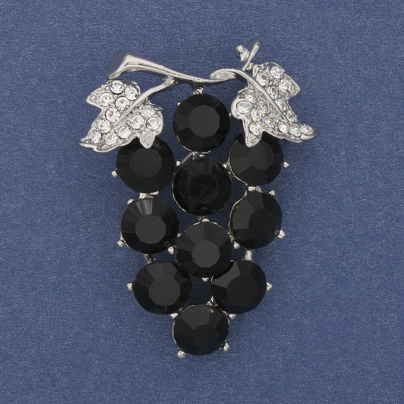 Brooch 'Grapes' with white and black rhinestones on silver metal 50x40mm+