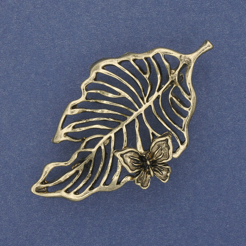 Brooch Pendant Leaf with Butterfly Golden Metal 61x35mm+