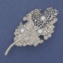 Brooch Leaf with White Pearls, Rhinestones, Silver Metal 68×34mm+