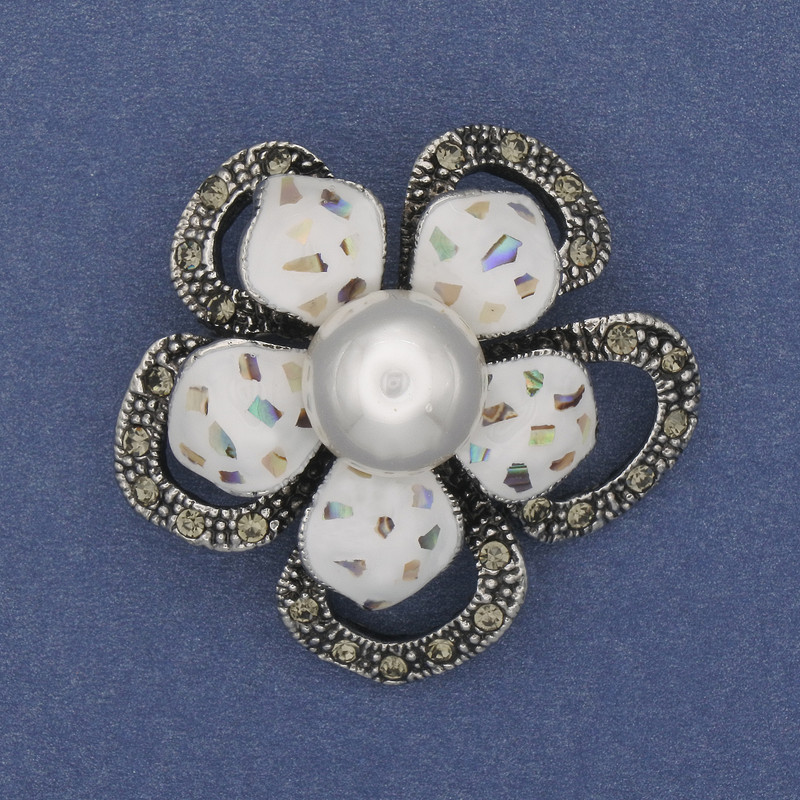 Brooch pendant Flower Chalcedony white pearl rhinestones silver metal 37mm+