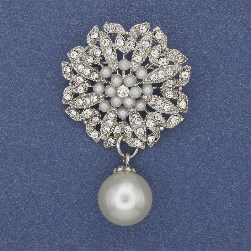 Brooch Accent with Pendant Pearl, Crystals, Silver Metal 33×53mm