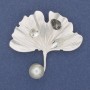 Brooch Leaf with White Pearl, Crystals, Silvered Metal 45x45mm+