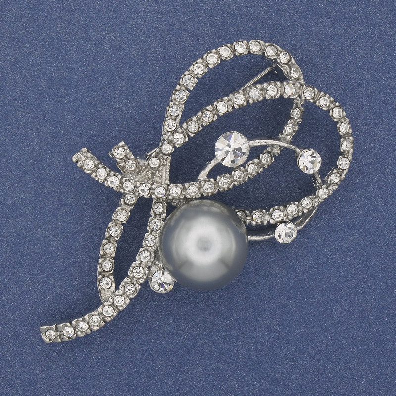 Pendant/Brooch Accent with White Crystals, Grey Pearl, Silvery Metal 60x32mm+