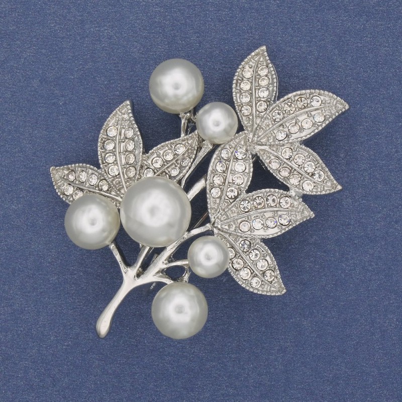 Brooch Branch with White Pearls and Crystals, Silver Metal 50×35mm+