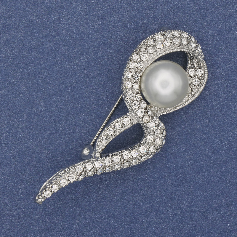 Brooch with white pearl and crystals, silver metal 55x20mm+