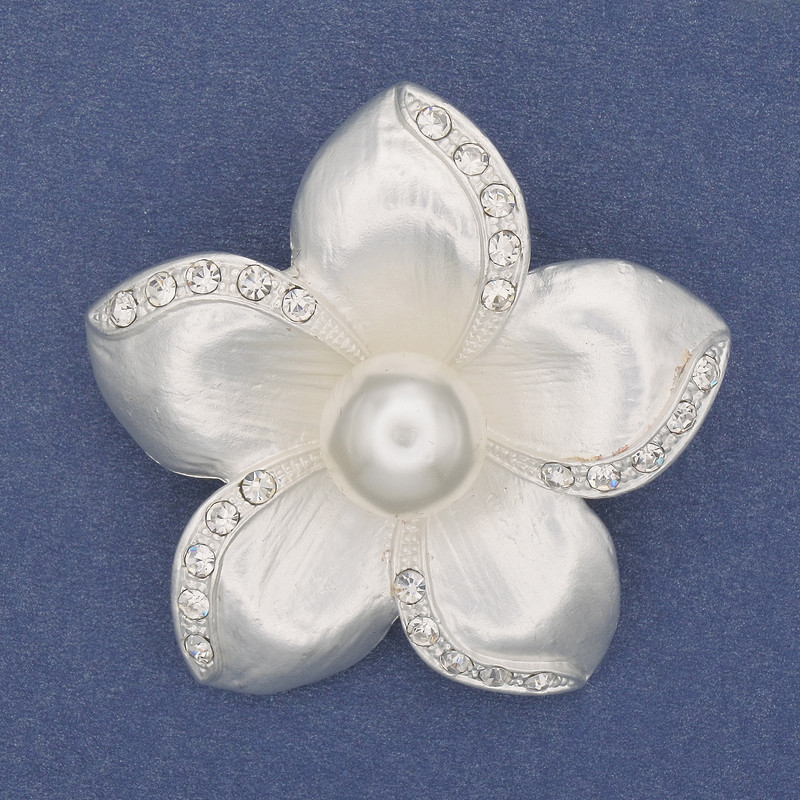 Brooch Pendant Flower with White Pearl, Pearlized White, Crystal Beads, Silver Metal 47mm+