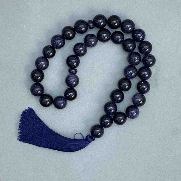 Japa Mala Aventurine Night of Cairo Blue Sand Smooth Beads, 12mm ± diameter, 33 beads