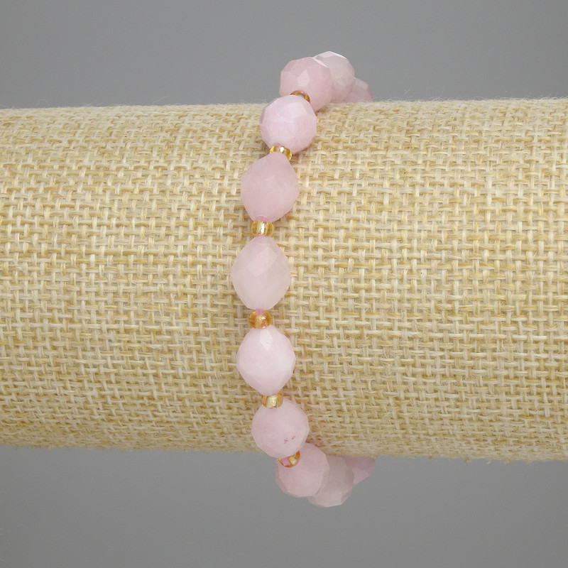 Bracelet Pink Quartz Faceted Bead, diameter 10x8mm±, seed beads 3mm±, length 18cm±, stretch