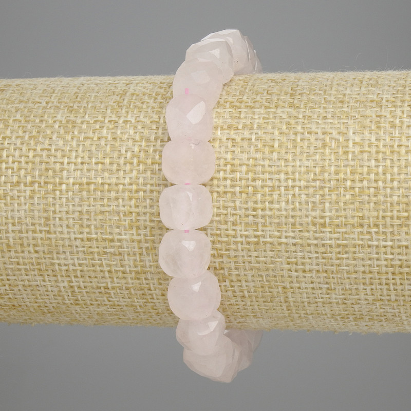 Bracelet Rose Quartz Faceted Cube Beads, 8.5mm diameter, length 18cm, stretch
