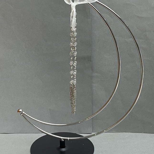 Crescent Moon Stand for Sphere 24×17 cm ±, base legs 10 cm ±, chain length 16 cm ±, silver metal