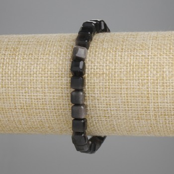 Bracelet, Silver Obsidian Faceted Cube, 6x6mm diameter, stretchy 18cm length