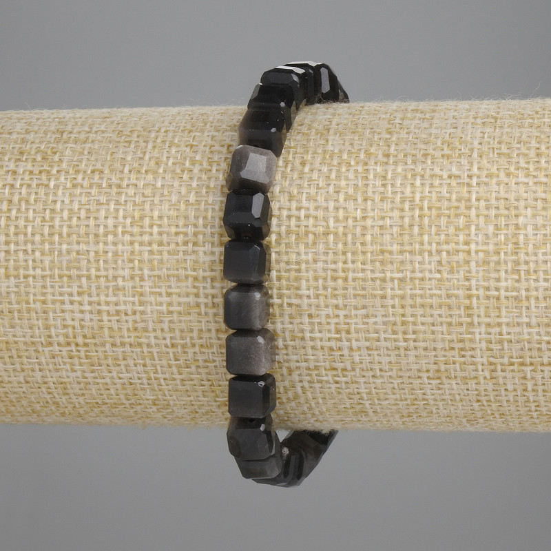 Bracelet, Silver Obsidian Faceted Cube, 6x6mm diameter, stretchy 18cm length
