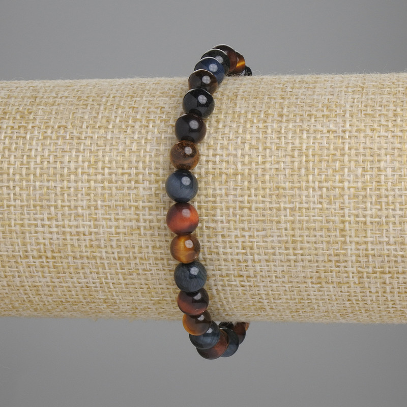 Bracelet Bull's-eye, Tiger's Eye and Hawk's Eye with smooth beads, diameter 6mm±, length 18cm±, stretch