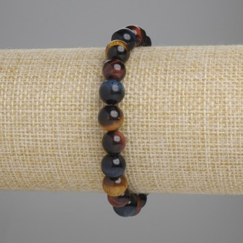 Bracelet Bull's Eye, Tiger's Eye and Hawk's Eye with Smooth Round Beads, diameter 8mm ±, length 18cm ±, Stretch