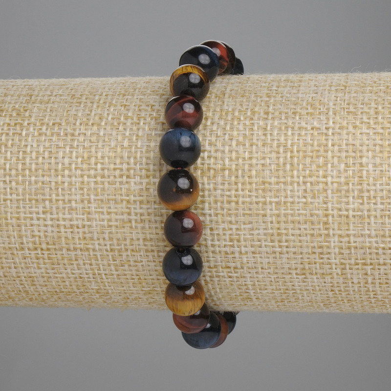 Bracelet Bull's Eye, Tiger's Eye and Hawk's Eye with Smooth Round Beads, diameter 8mm ±, length 18cm ±, Stretch