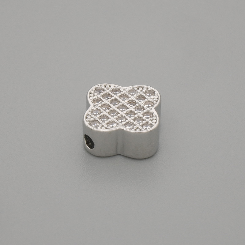 Charm bead insert Clover with crystals, metal colour silver, diameter 10mm± hole diameter 1.6mm± per piece