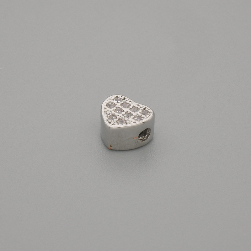 Bead finding heart insert with crystals, metal colour silver, diameter 6x5, 5mm+- opening, diameter 1, 9mm+- per piece