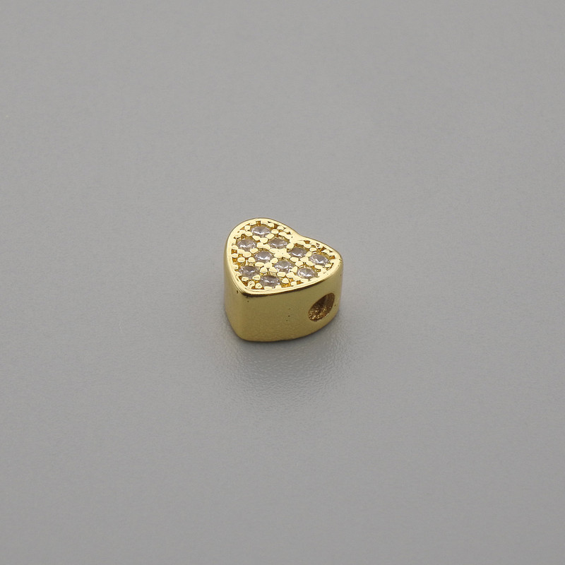Bead Findings – heart-shaped cabochon with rhinestones, metal colour: golden, diameter 6x5, 5mm ± hole diameter 1.9mm ± per piece