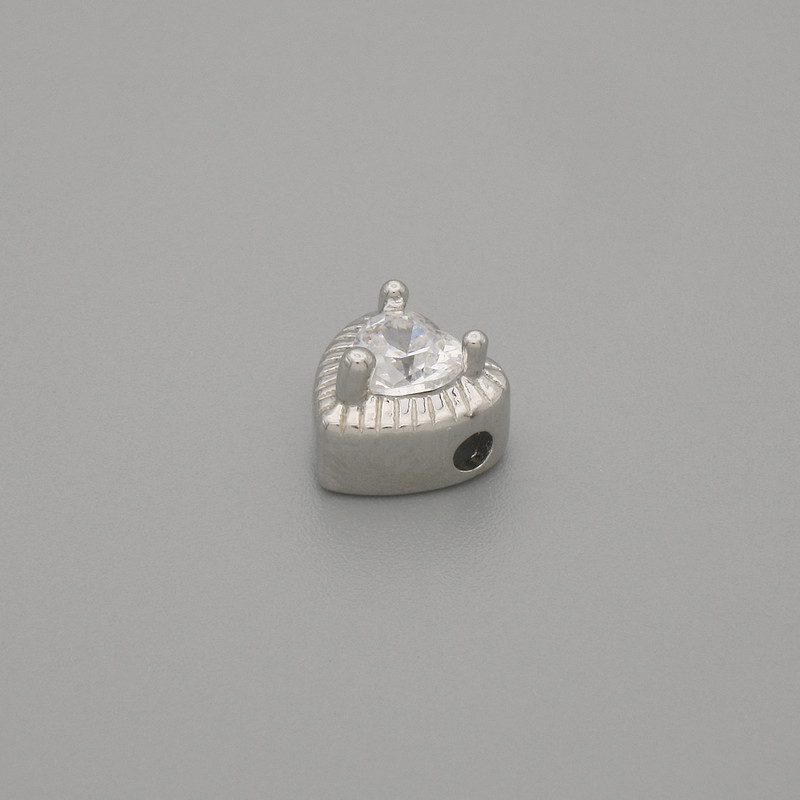 Bead finding with heart-shaped insert, silver colour metal, 6.5×6.5mm± hole 1.3mm± per piece
