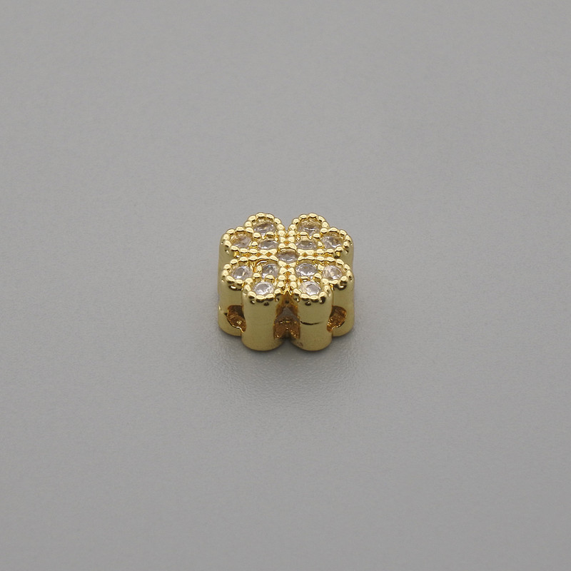 Bead stud earring insert - clover shape with rhinestones, metal colour gold, hole diameter 1mm+, size 7x7mm