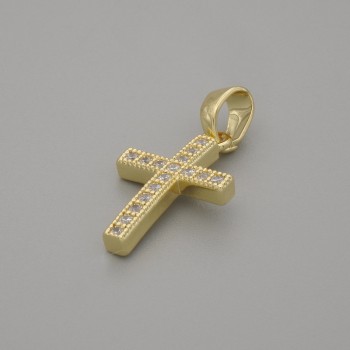 Cross Pendant with White Crystals on Gold-Tone Metal, 16×10mm ±, 20mm length ±
