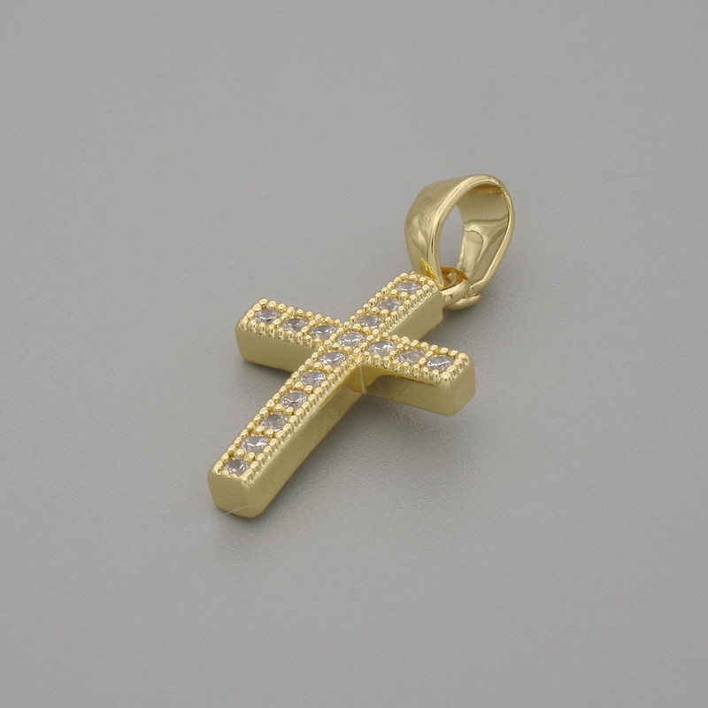 Cross Pendant with White Crystals on Gold-Tone Metal, 16×10mm ±, 20mm length ±
