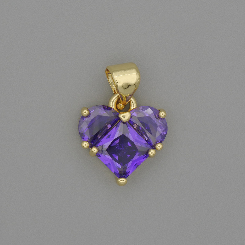 Heart Pendant with Purple Rhinestones and Gold-Toned Metal, diameter 10x12mm±, length 17mm±