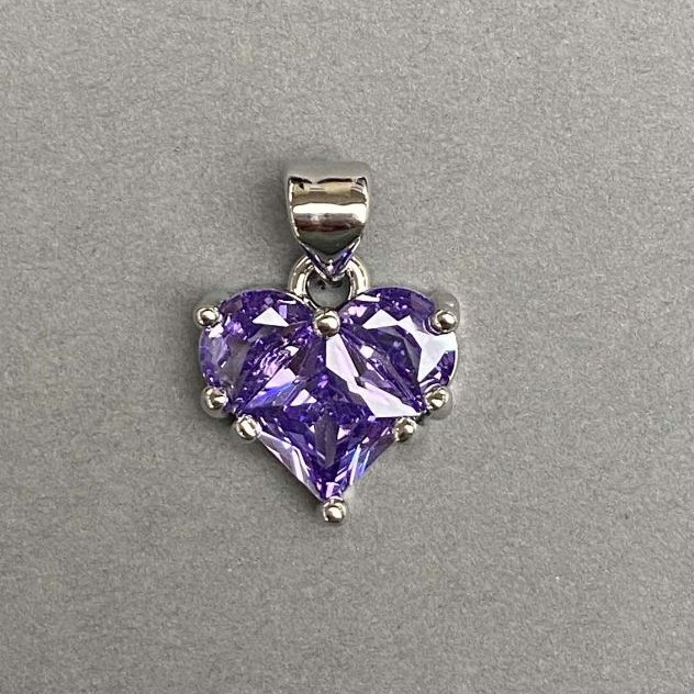 Heart Pendant with Purple Rhinestones on Silver Metal, 10x12mm Ø, length 17mm