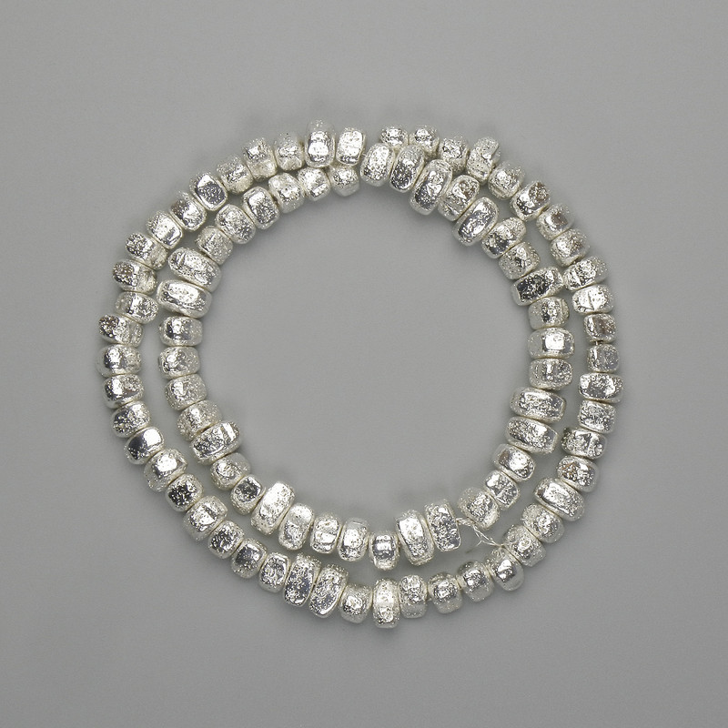 Lava Beads with Silvered Metal Plating, Porous Rondelle 6.5–8.5×4–5 mm, Length 39 cm