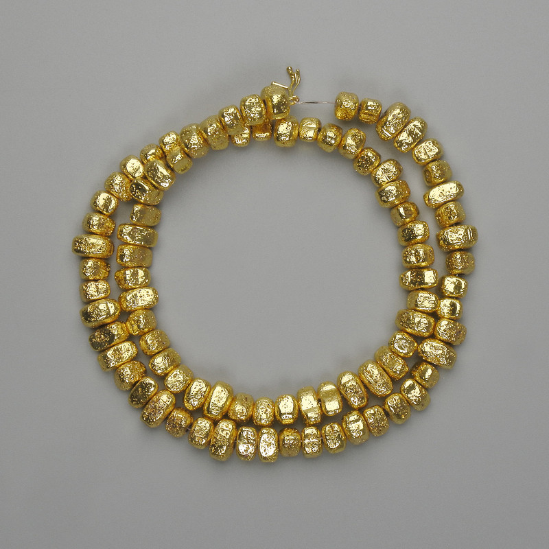 Lava Beads with Gold Plated Metallic Finish, Porous Barrel 6.5–8.5mm 4–5mm? 5×4–5mm+-, length 39cm+