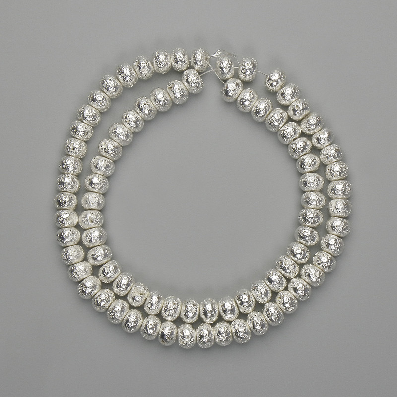 Lava Beads with silver-tone metal finish, porous rondelle 6x4.5 mm, thread length ~38 cm