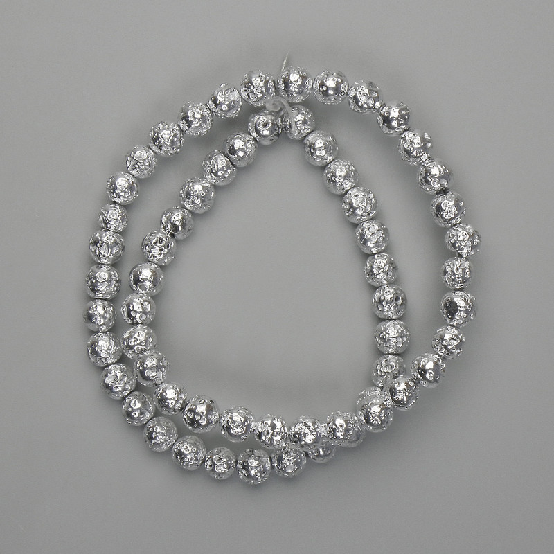 Lava Beads with Silver Plating, Porous Sphere 6.5mm, 37cm Length