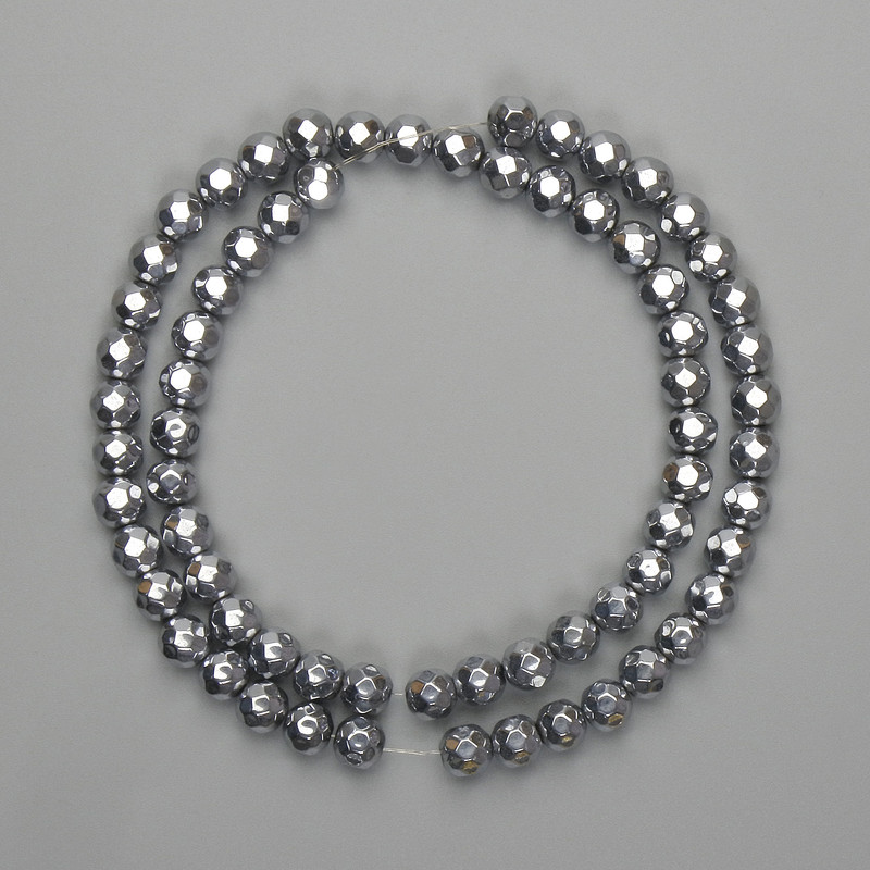 Hematite Beads Silver-colour Faceted Round Bead 6mm+-, Needle/Length 38cm+
