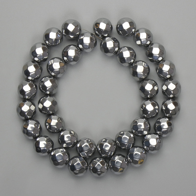 Hematite Beads Faceted Ball 10mm± Color Silver, Length 38cm+
