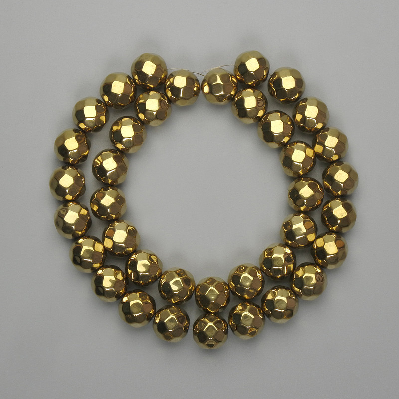 Hematite Beads Faceted Round 10mm+ Gold Tone, 38cm+ Length
