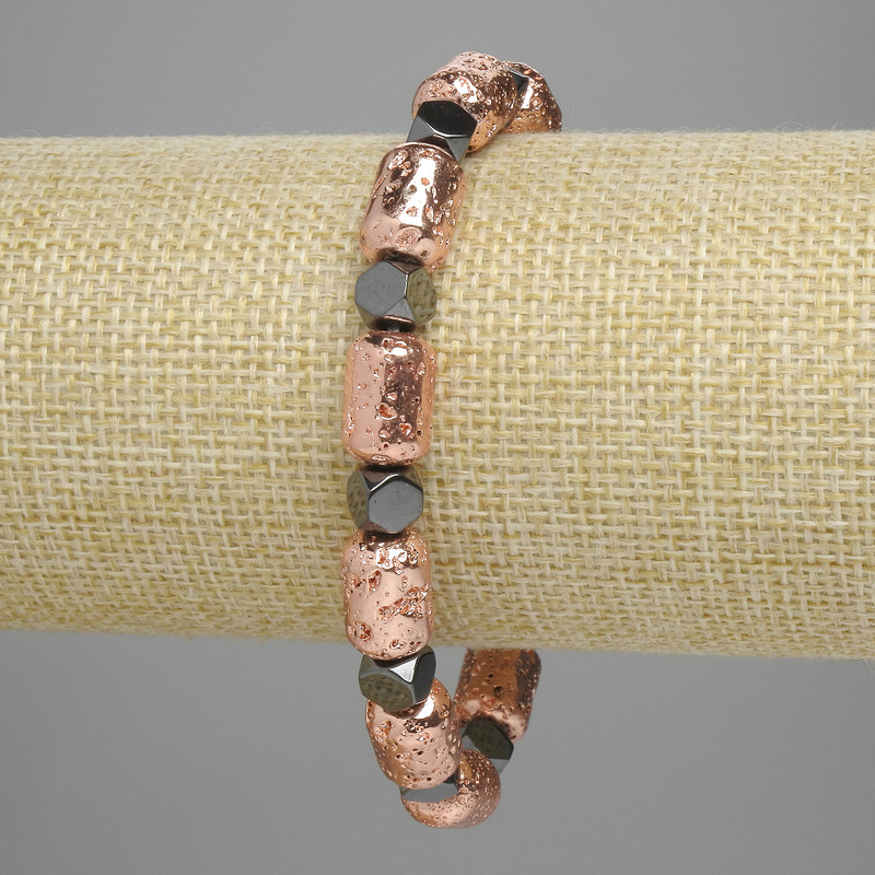 Bracelet Lava Cylinder Copper Colour 12x8mm+- Hematite Faceted 5.5x6mm+-, length 18cm+- stretch