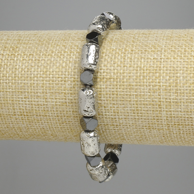 Bracelet Lava Cylinders Light Silver 12x8mm+- Hematite Faceted 5.5x6mm+-, length 18cm+- stretch