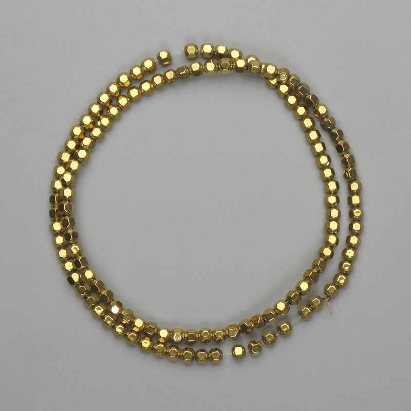 Hematite Beads, Multifacted 3×3 mm ±, Golden, Thread length 38 cm +