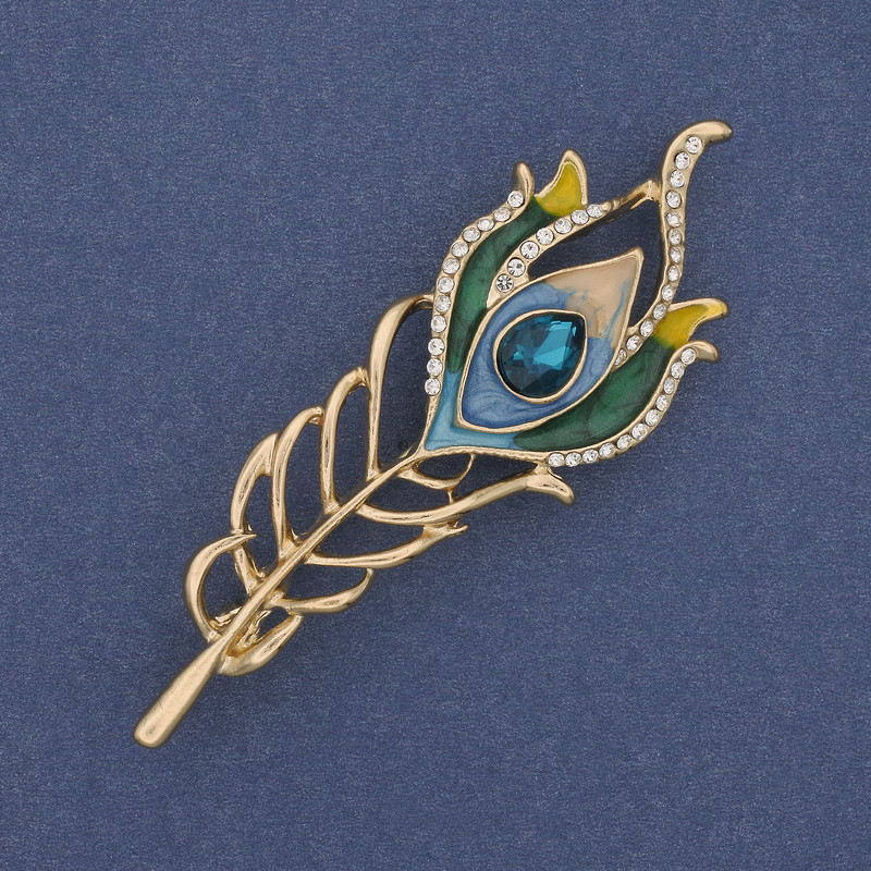 Brooch Feather Enamel Crystals Golden Metal 72x24mm +