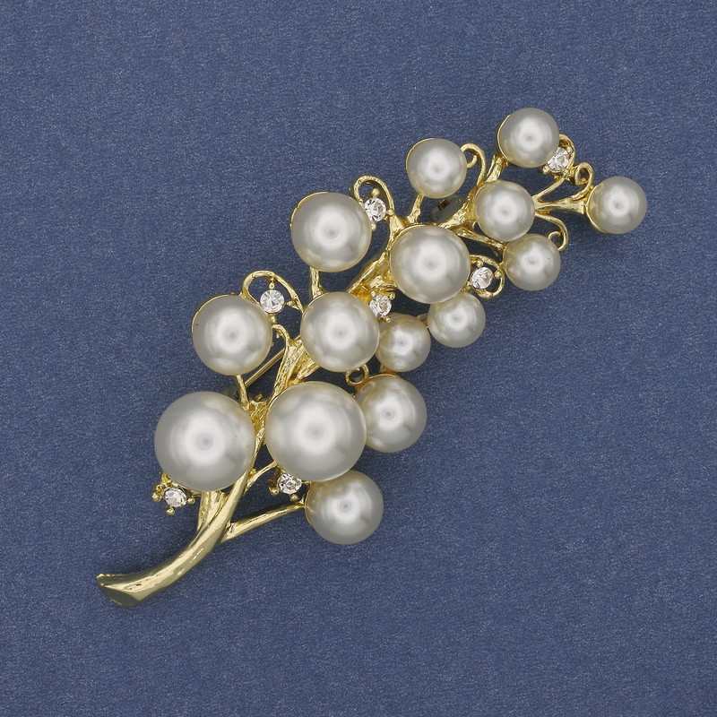 Brooch 'Branch Mallorca' with crystals golden metal 70x28mm +