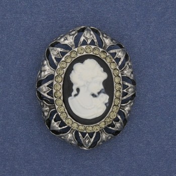 Cameo Brooch Lady Cameo with Rhinestones in Silver Metal 32x25mm +