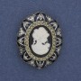Cameo Brooch Lady Cameo with Rhinestones in Silver Metal 32x25mm +