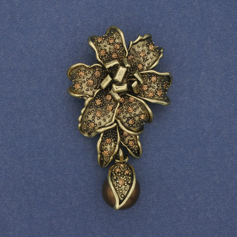 Brooch Pendant Flower Pearl and Crystals Bronze Tone 60x32mm+