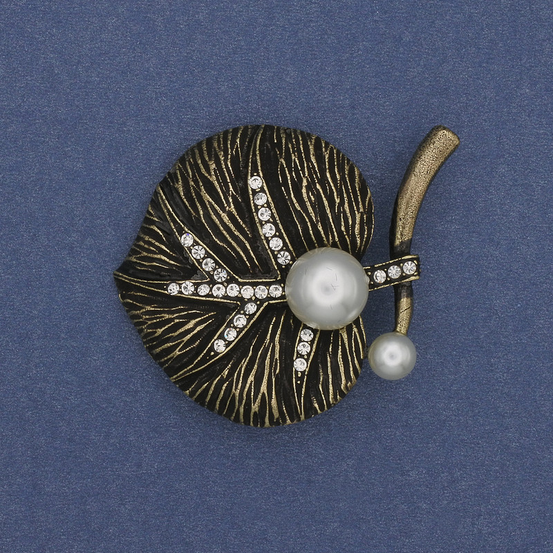 Brooch Leaf Pearl and Crystal Bronze Tone 37x42mm+