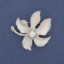 Brooch Leaf with Pearl, Rhinestones, Silver Finish, 46mm+