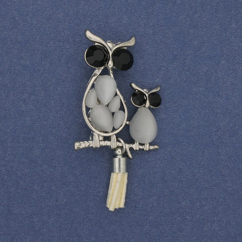 Brooch Pendant Owl Cat's Eye Stone with Crystals Silver-Coloured Metal, diameter 24mm+-, length 50mm+-