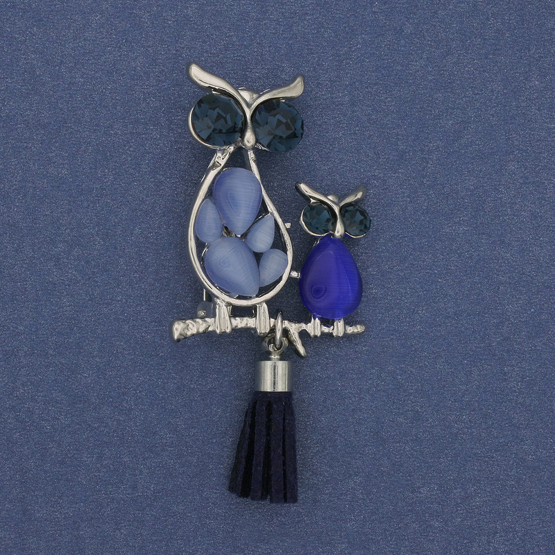 Brooch Pendant Owl Cat's Eye Stone with Crystals Silvered Metal, diameter 24mm+-, length 50mm+-
